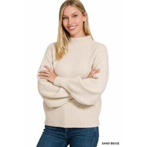 Zenana Balloon Sleeve Mock Neck Sweater